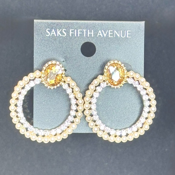 Saks Fifth Ave Champagne Crystal Post With Faux Pearl & Crystal Hoop Earrings - Picture 4 of 8